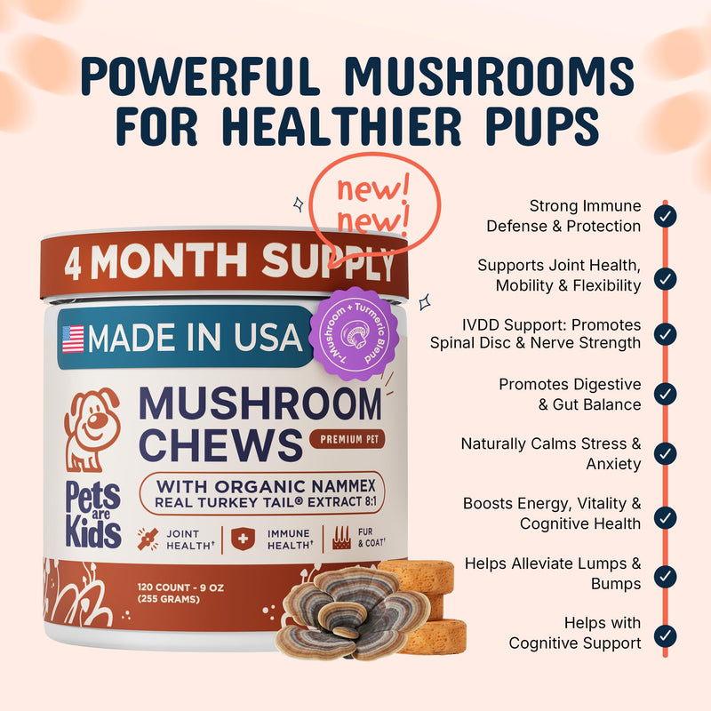 Pets are Kids Turkey Tail Mushroom for Dogs with Organic Real Turkey Tail™ - 8:1 Extract Mushroom Chews for Lumps & Bumps, Immunity, Gut, Skin, Joint & Spine Support - Reishi, Lion’s Mane - 120 Chews - PawsPlanet Australia