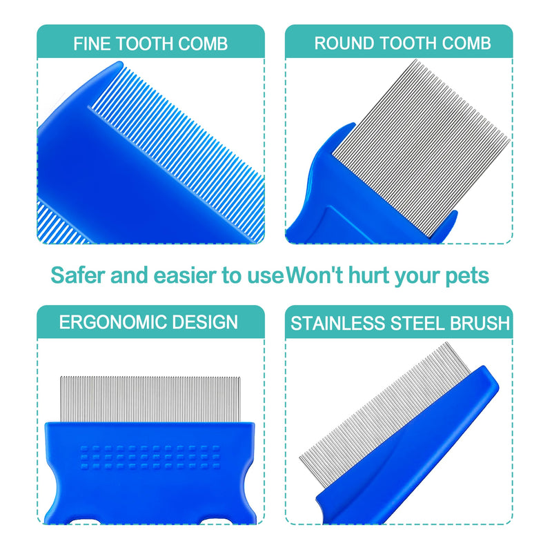 5 Pack Flea Lice Comb,Stainless Steel Dog Cat Grooming Combs With Rounded Teeth,Double-Sided Tear Stain Remover,Dematting Comb For Dogs Cats Ideal For All Types Of Small, Medium, Large Pets Blue