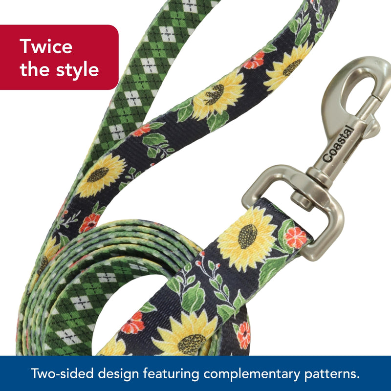 Coastal Pet Sublime Dog Leash - Dog Walking Leash - Fashionable Dual-Pattern Design with Colorful & Trendy Pattern - Sunflower with Green Argyle, 1" x 6' - PawsPlanet Australia