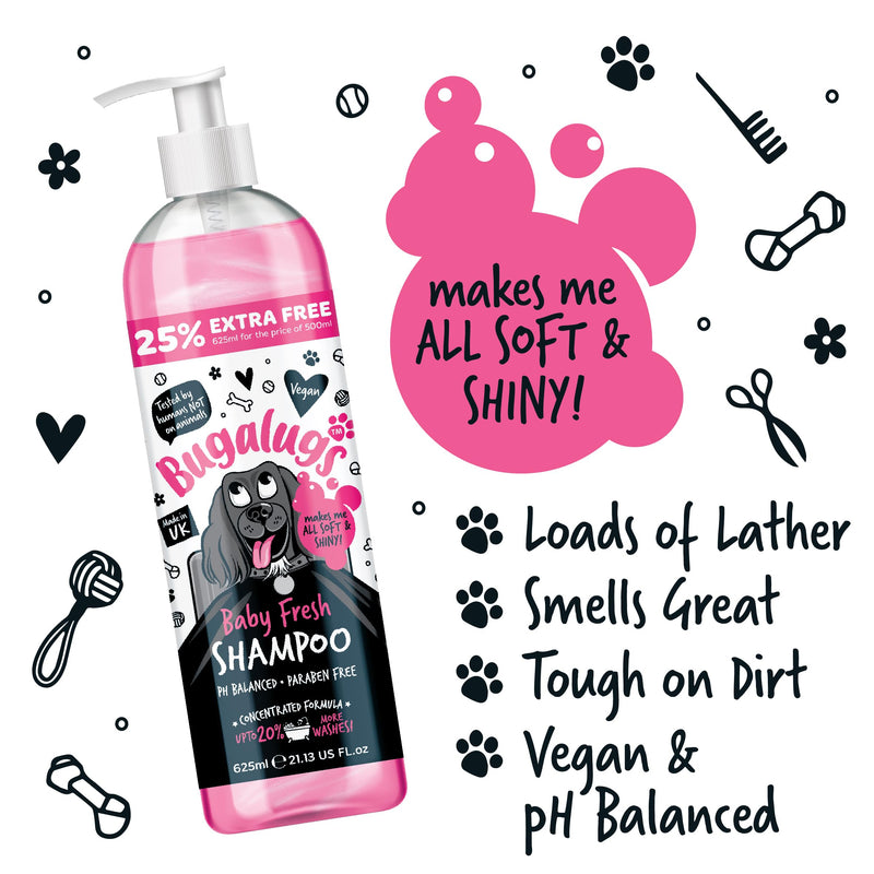 BUGALUGS Baby Fresh Dog Shampoo grooming products for smelly dogs with baby powder scent, best puppy shampoo, Vegan pet shampoo professional (625ml) 625ml