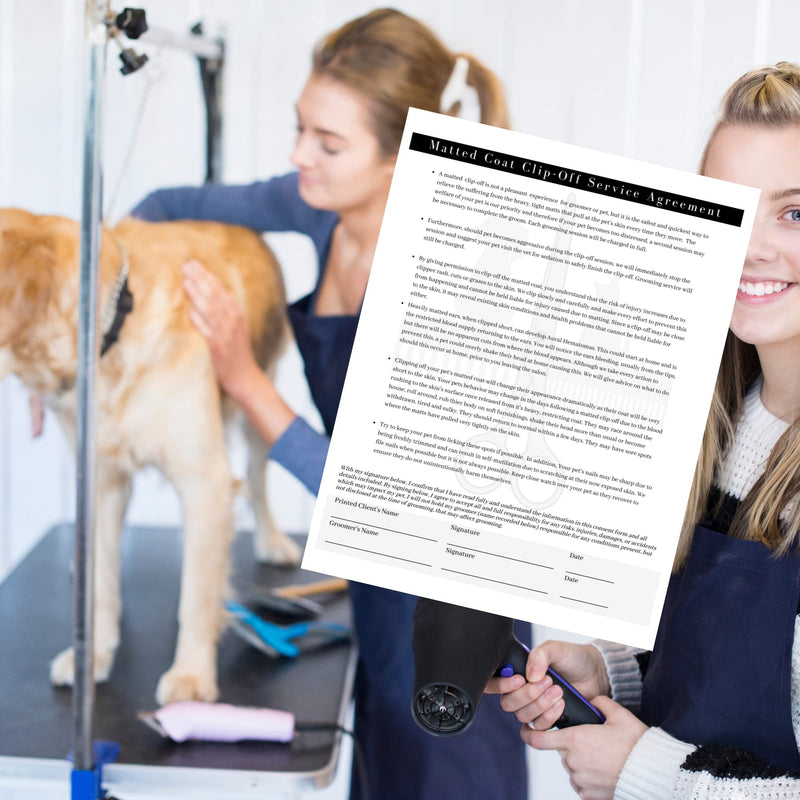 Pet Grooming Intake Forms, Consent & Release, Matted Coat Clip-Off Agreement, Pet Report Card | 50 pk, 25 of each, dbl sided | 8.5x11” Groomer Signature Client Grooming Tips Black and White Minimalist - PawsPlanet Australia