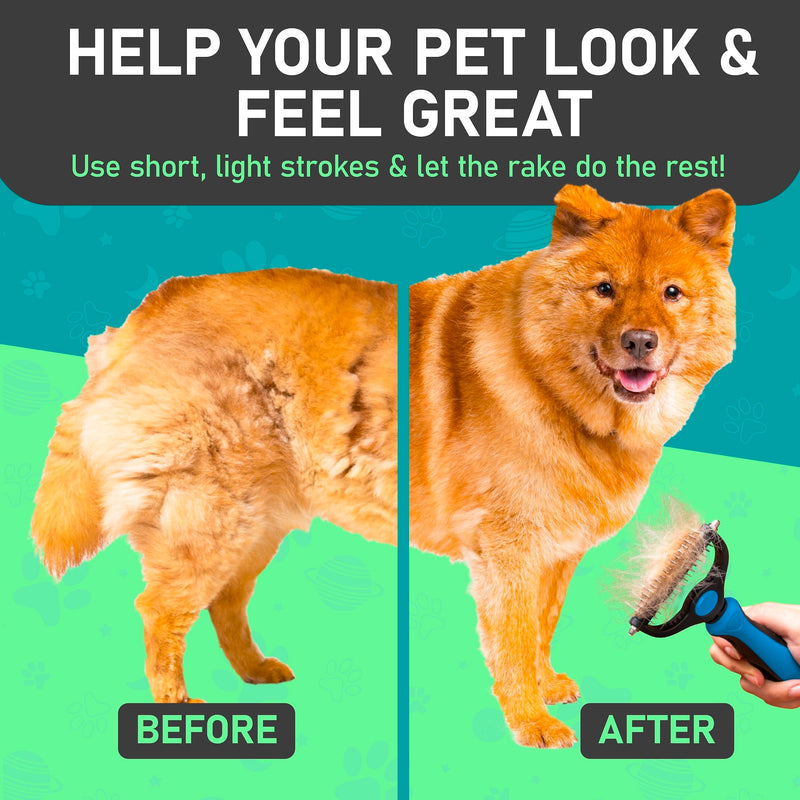 Maxpower Planet Dog Rake and Dog Hair Brush - Gently Removes Loose Undercoat, Mats and Tangled - Deshedding Grooming Tool for Dogs & Cats - Self Cleaning Slicker Brush - All Hair Types A - Rake & Brush (Best Value) - PawsPlanet Australia