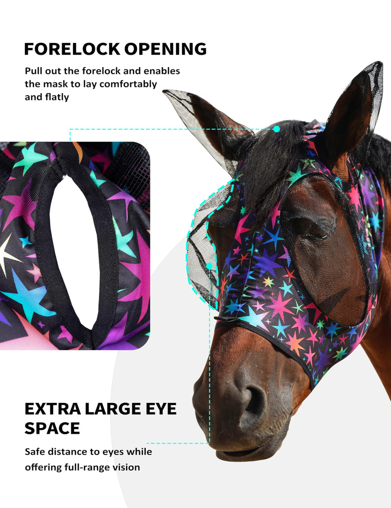 Harrison Howard Stretch Fly Mask with Forelock Opening and Patterns Comfortable Breathable Snug Fitting Horse Fly Mask Luminous Stars L