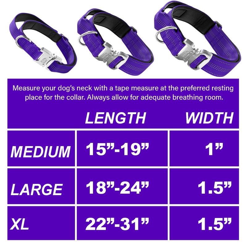 Black Rhino - Tactical Dog Collar Ultra-Soft Neoprene Padded Dog Collars for Medium, Large, XL Dogs | Heavy Duty Metal Buckle | Padded Handle for Dog Training (XL, Purple) - PawsPlanet Australia
