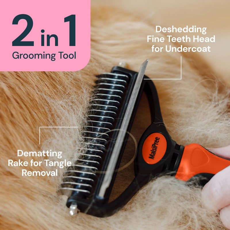 MalsiPree Dog Grooming Brush - 2 in 1 Deshedding Tool & Undercoat Rake for Long & Short-Haired Pets - Dematting Comb & Hair Deshedder Supplies (Large, Orange) for Shedding - PawsPlanet Australia