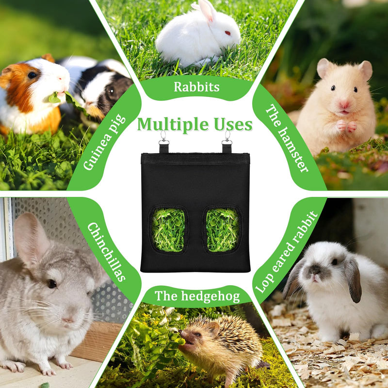 Rabbit Hay Feeder Bag, Guinea Pigs Hanging Hay Rack Manger Holder Dispenser Small Animal Feeder Storage Pouch for Bunny Chinchilla Hamster (Black, 2 Windows) - PawsPlanet Australia