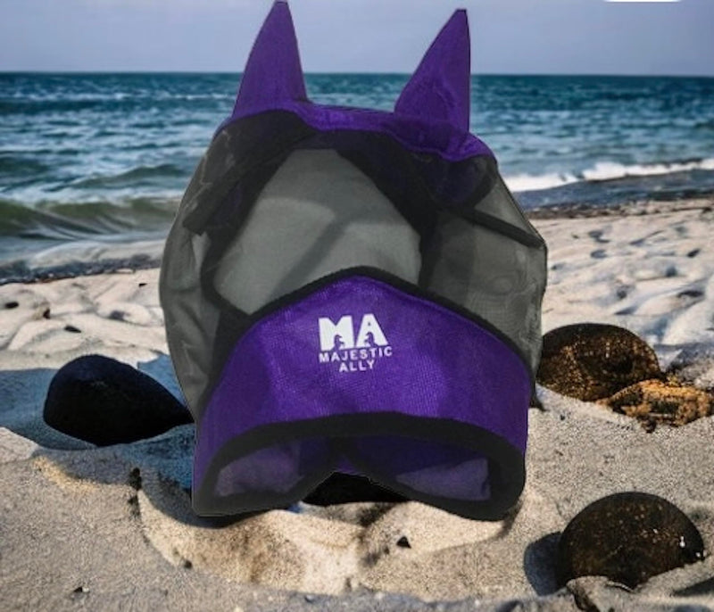 Majestic Ally Horse Fly Mask with Ears, Comfort Durable Fine Mesh, Soft Fleece Touch on Skin, Protect Eyes and Ears (Purple) - PawsPlanet Australia