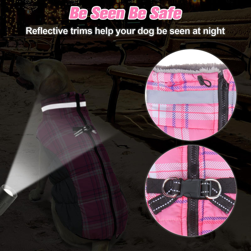 BEAUTYZOO Plaid Dog Coat, Upgraded Reflective Jacket Fleece Padded with Built-in Harness, Waterproof Puffer Vest Turtleneck Pet Apparel for Small to Large Dogs, Pink XXXL XXXL (Back: 27.8",Chest: 43.3", Neck: 29.7")