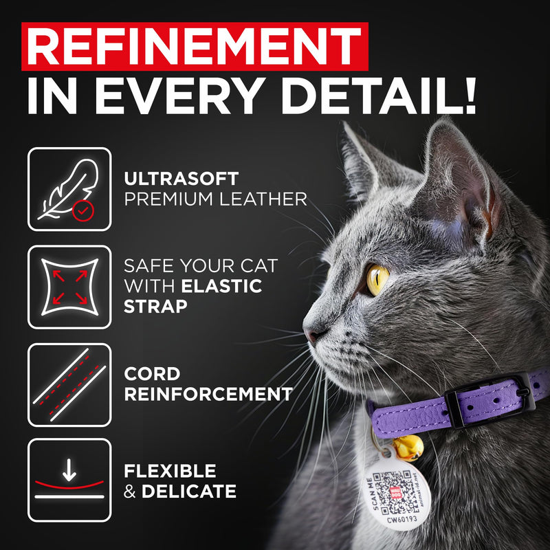 Leather Cat Collar with Bell and Safety Elastic Strap Breakaway Alternative for Small & Large Kittens, Stylish Pet Leather Collar for Boy, Girl Cats with Metal Buckle & QR ID Tag (Purple) 6" - 8" Purple - PawsPlanet Australia
