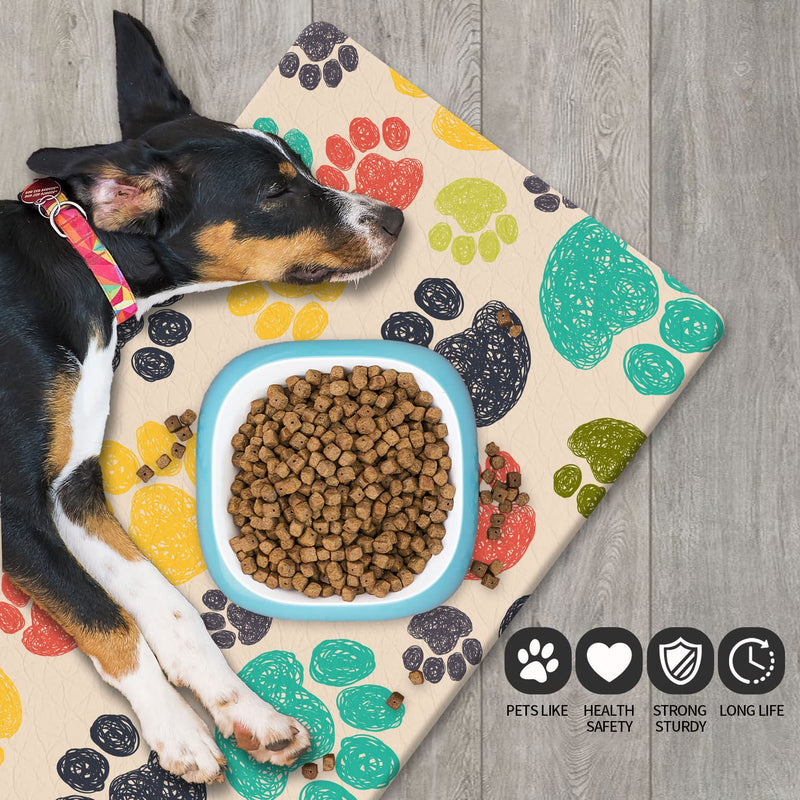 Rest-Eazzzy 30" x 18" Dog Food Mats for Floors Waterproof, Anti-Slip Dog Mat for Food and Water, Large Pet Feeding Mats for Dogs & Cats, Dog Bowl Mat Prevents Spills, Easy Clean, Multipattern 30*18 in Rainbow Paw Prints