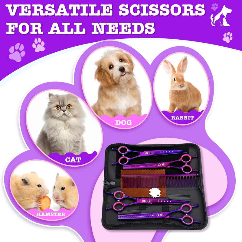Dream Reach Dog Grooming Scissors - 7" Professional 6 in 1 Pet Scissors Sharp and Durable Shears Set Thinning, Chunker, Straight, Curved Shears and Comb for Dog Cat Pets, Purple 7Inch-Set-Purple - PawsPlanet Australia