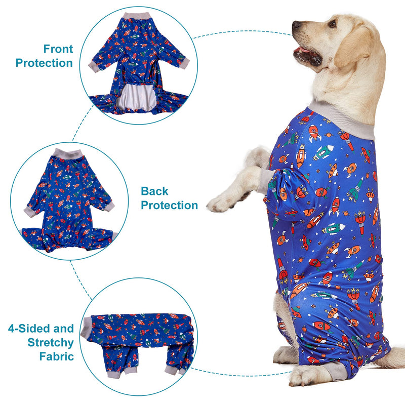 LovinPet Large Dog Pajamas, Navy Rocket and Spaceship Print, Lightweight Stretchy Knit Big Dog Pullover Shirt, Stop Shedding for Dogs, Onesies for Dogs, Pet PJ's Jumpsuit, PJ's for Pitbulls, 2XL XX-Large Grey Blue - PawsPlanet Australia