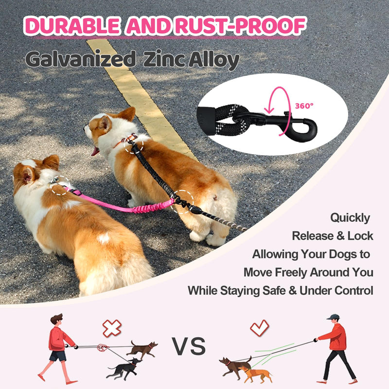 Double Dog Leash - 360°Swivel Tangle Free Splitter Attachment, 2 Dogs Multi-Functional Leashes, Dual Rope for Outdoor Walk Train Small Medium Large Two Pet, Fuchsia - PawsPlanet Australia