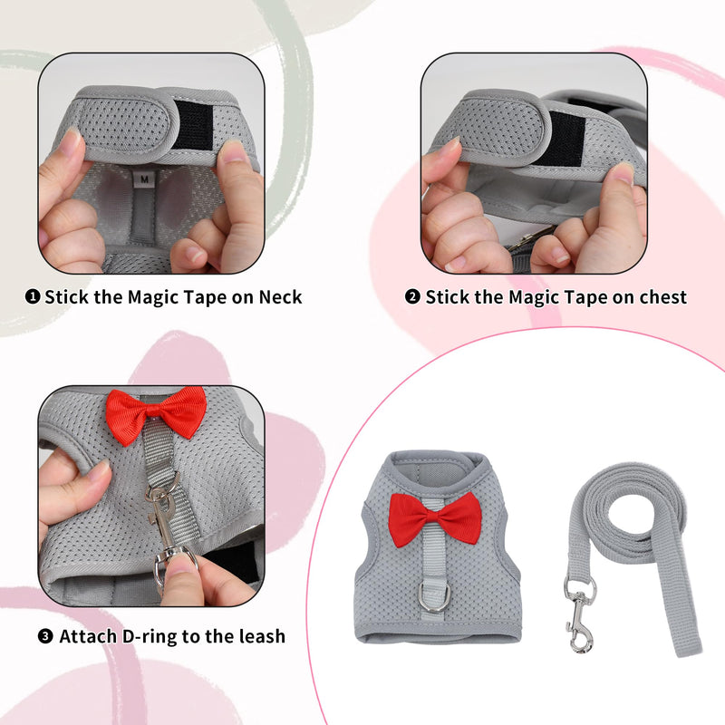 AIITLE Bunny Harness and Leash Set with Cute Bow, Soft Breathable Mesh Vest Harness for Rabbits Kitten Ferret Small Pig Puppy Walking Supplies Grey M Medium - PawsPlanet Australia
