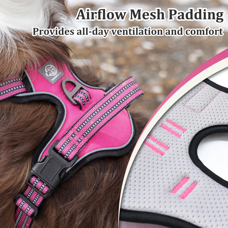 Dog Harness No Pull, 2 Leash Clips, Reflective Mesh Vest with Padded Chest, Adjustable Breathable Pet Harness for Medium Large Dogs (L, Hot Pink) L - PawsPlanet Australia
