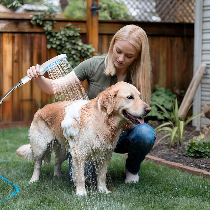 SR SUN RISE Dog Shower Attachment for Thick Haired Dogs, 4 Spray Mode Pet Bath Sprayer with Stainless Steel Diverter Valve & 6.5 Foot Hose, Indoor & Outdoor Dog Washing Grooming Supplies, Blue/White - PawsPlanet Australia