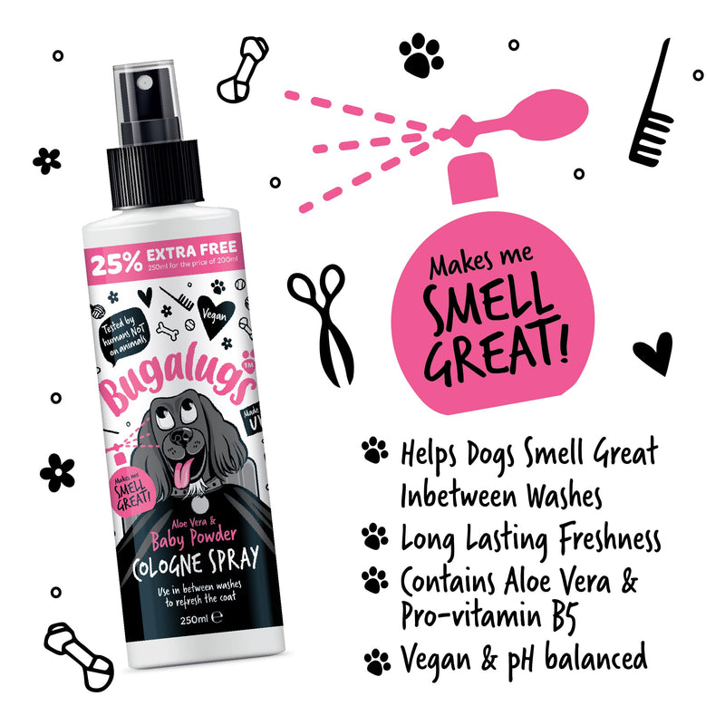 Bugalugs Dog Perfume Spray with Aloe Vera & Baby Powder Cologne great Pet Odour Eliminator Deodorant Spray for Smelly Dogs can use as Dry Shampoo
