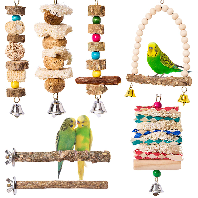 Bird Parakeet Toys 7PCS - Perch Parrot Cage Accessories Chewing Stuff, Natural Wooden Foraging Chew Toys for Budgerigars, Conure, Cockatiel, Finch, Lovebirds, Perches for Medium, Small Birds