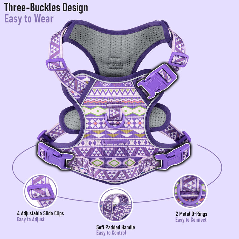 Adjustable Extra Large Dog Vest Harness No-Pull Easy Walking, Cute Pet Harness with Tribal Pattern Breathable Oxford Material 2 Leash Clips and 3 Buckles, German Shepherd, Rottweiler, XL Size Purple Ethnic - PawsPlanet Australia