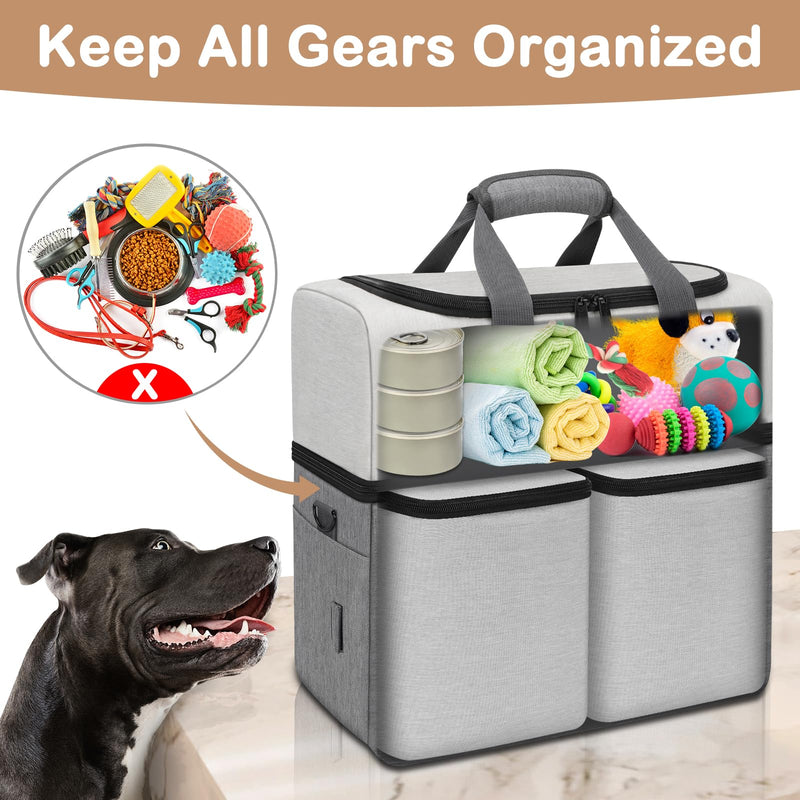 Mancro Dual Layers Dog Travel Bag, Pet Travel Bags with 2 Extra Large Food Containers, 2 Collapsible Dog Bowls, Multi-Pockets Tote Organizer for Pet Supplies, Road Trip Essentials, Weekend Camping Dark Grey - PawsPlanet Australia