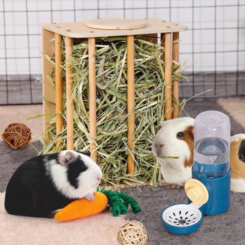 Upgraded Guinea Pig Hay Feeder, No Waste Wooden Rabbit Hay Feeder Rack, Standing & Hanging Hay Holder with Instructions, Easy to Install for Chinchilla Bunny and Small Animals