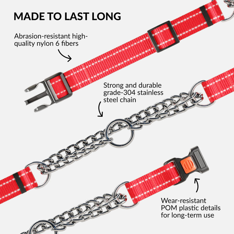 CollarDirect Martingale Dog Collar with Stainless Steel Chain and Quick Release Buckle - Reflective Collar for Large, Medium, Small Dogs - Red, Large (Neck Size 17"-22") Large (Neck Size 17"-22") Nylon with Chain - PawsPlanet Australia