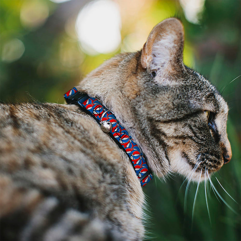 Grateful Dead Breakaway Cat Collar with Bell, Easy Adjustable, Steal Your Face Logo Stacked Red White Blue, 8.5 to 12 Inches 0.5 Inch Wide