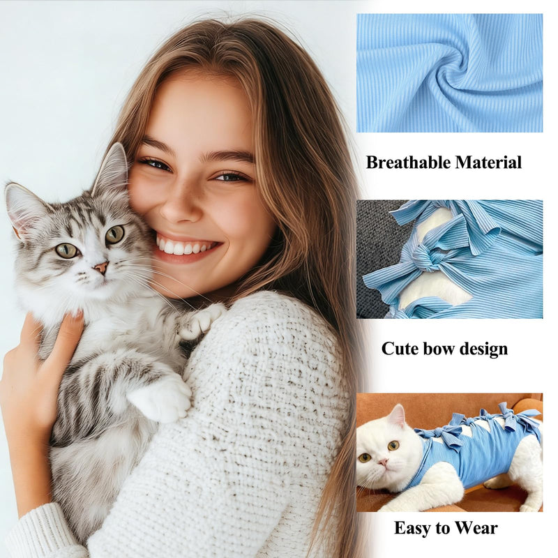 Male Cat Recovery Suit,2 PCS Polyester Post-Operative Onesie for 6.6-13.2 lbs Cats Anti-Licking Surgical Recovery Shirt for Wound Care & Spay/Neuter(M,Blue & Pink)