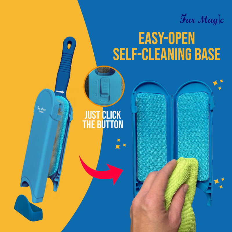 Fur Magic Pet Hair Remover Brush, Updated Design with Easy Open Self-Cleaning Base, Reusable Lint and Fur Remover for Clothes, Carpets, Stairs, Dogs, Cats and Rabbits, Blue New Blue Brush