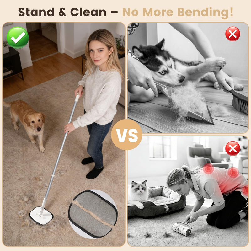 Pet Hair Remover for Cat & Dog, Reusable Pet Hair Removal Tool with Adjustable Long Handle for Pet Fur on Carpet Stair Couch, Electrostatic Carpet Rake Brush Squeegee for Floor & Glove 3 in 1