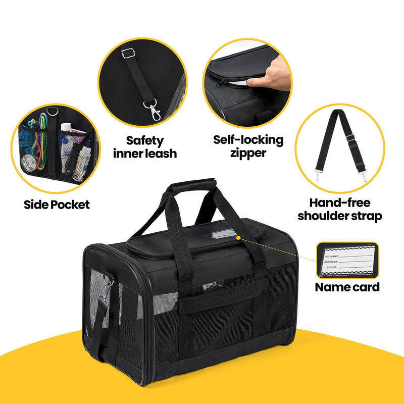 Cat Carrier Airline Approved, Soft-Sided Dog Carrier with Inner Safety Leash, Pet Transport Carrier for Small-Medium Cats Puppies up to 15 Lbs, Collapsible Travel Kitten Carrier Bag -BlackM Medium Black - PawsPlanet Australia
