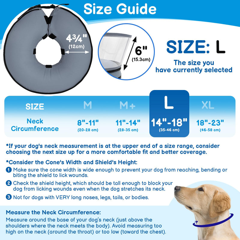 BARKLESS Donut Cone for Large Dogs, Protective Collar After Surgery to Stop Licking, Blow up Dog Surgery Collar with Transparent Shield, Inflatable Pillow Cone for Labrador, Rottweiler Grey L