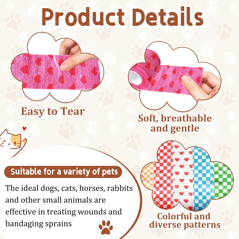 6 Pack 2 Inch x 5 Yards Checkered and Heart Print Pet Vet Wrap for Dogs, Cats, Horses, Non-Woven Self-Adhesive Cohesive Bandage Rolls for Wound Care, Ankle Sprains, Swelling, First Aid Protection