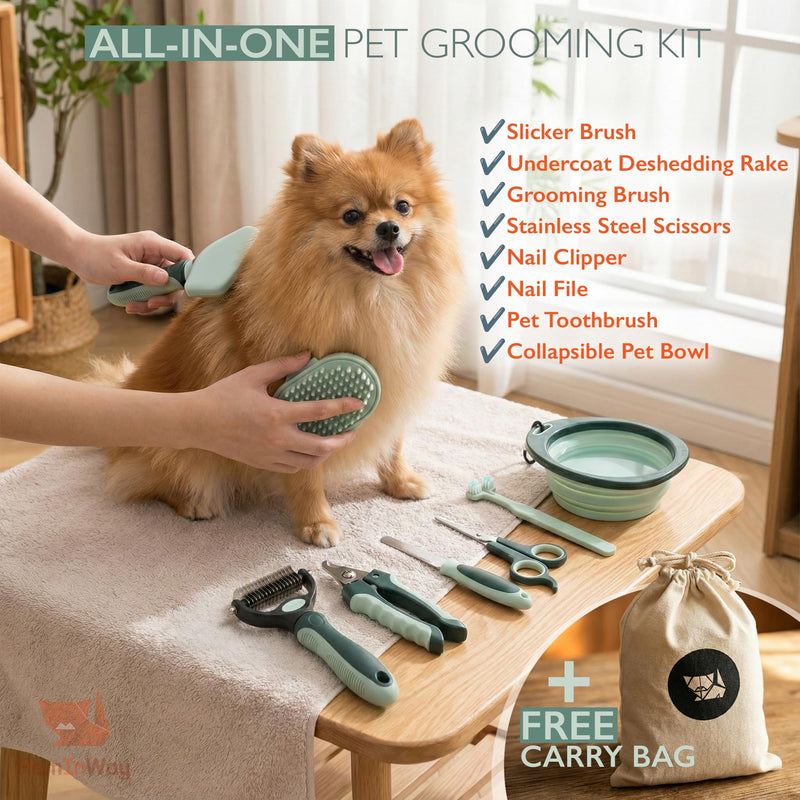 HamInWay 8-in-1 Pet Grooming Kit for Dogs & Cats – Includes Brushes, Combs, Nail Clippers & File – Professional Grooming Tools Set in Logo Bag – Safe, Gentle & Durable – Ideal for All Pet Sizes - PawsPlanet Australia
