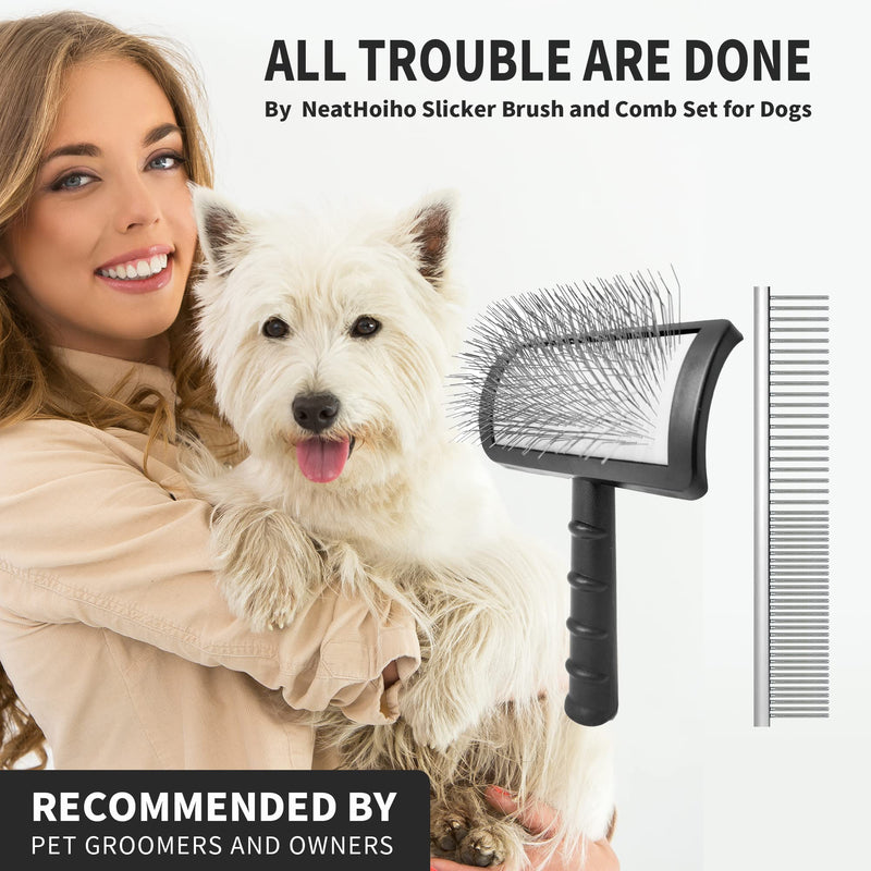 Large Slicker Brush & Pet Comb Value Kit, Extra Long Pin Dog Grooming Wire Brush and Deshedding, Removes Long and loose Hair & Undercoat, Black-comb, Hair Type: Curly, Unisex - PawsPlanet Australia