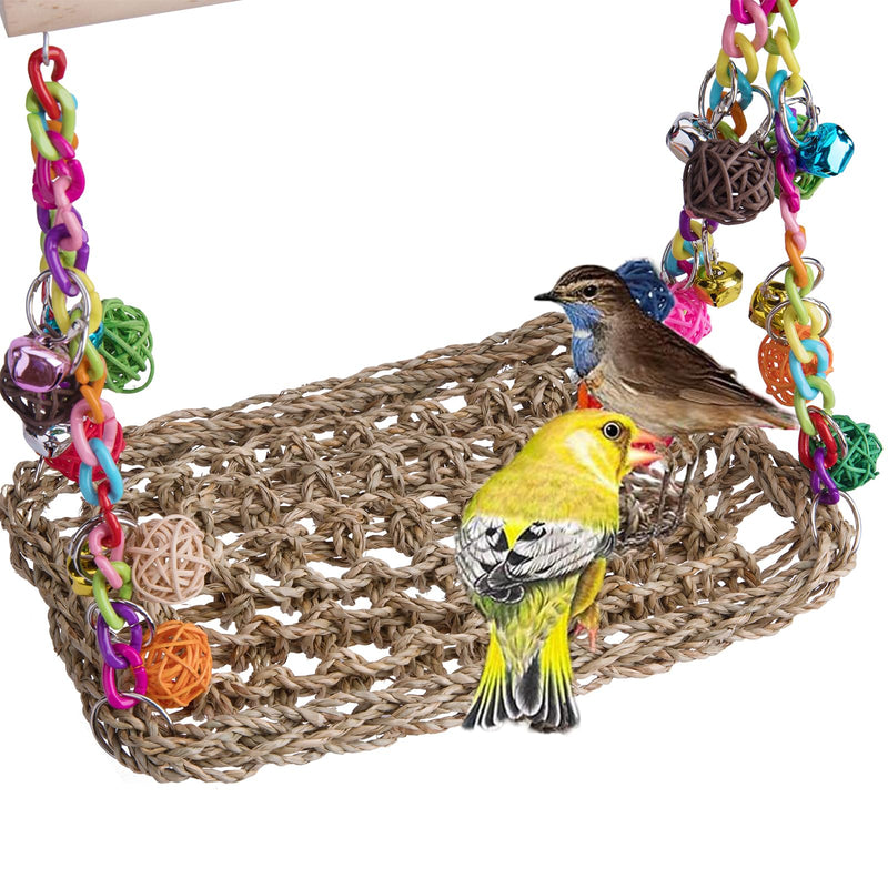 Bird Swing Toys with Wood Perch, Seagrass Woven Parrot Platform Bird Climbing Hanging Hammock Bird Perch Stand Chewing Toy for Parakeets,Budgie, Conure, Cockatiel,Lovebird - PawsPlanet Australia