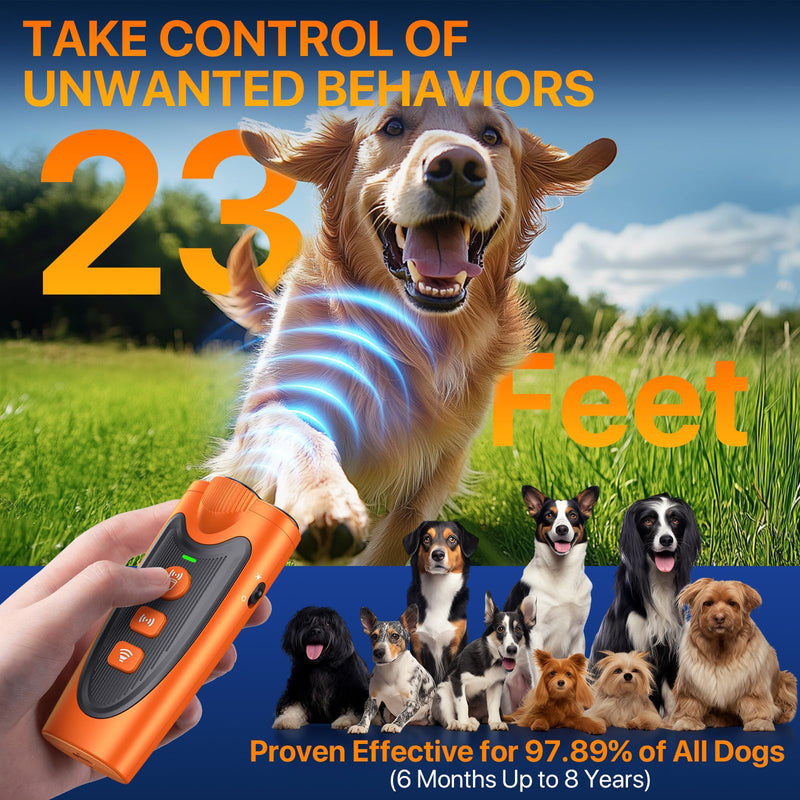 Dog Bark Deterrent Device, 3X Ultrasonic Anti Barking Device for Dogs, 6 Training Modes & 23 FT Range Stop Neighbors Dog Barks, Portable Dog Training Tool with Flashlight Indoor Outdoor Use, Orange