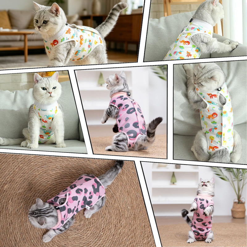 2 Pack Cat Professional Recovery Suit，Body Suits for Abdominal Wounds or Skin Diseases，E-Collar Alternative for Cats, Onesie Cat Clothes After Surgery Collar & Cone Alternative Lion-leopard S