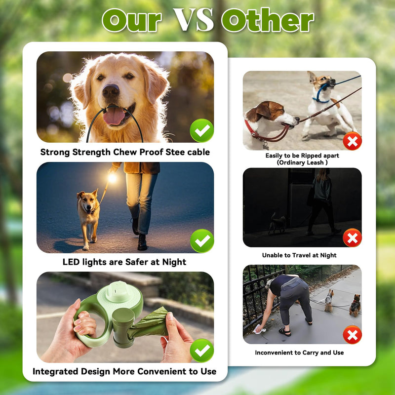 26ft Heavy Duty Retractable Dog Leash for Large Dogs, Dog Leash with Poop Bag Holder, Up to 100lbs, with LED Light, Chew Proof Cable, One-Handed Pause & Lock, 360° No Tangle. (Green, 26Ft) Green - PawsPlanet Australia