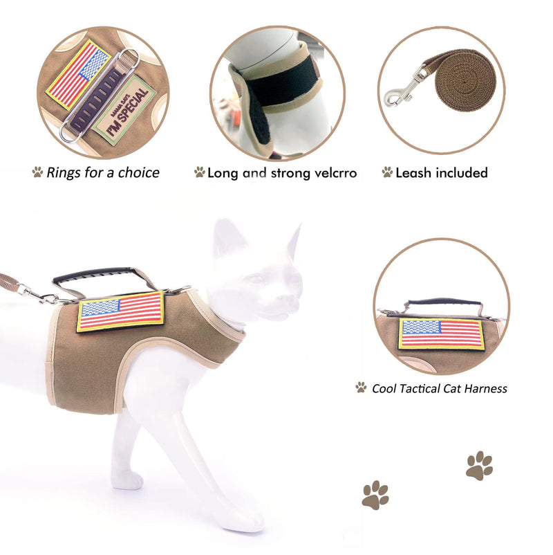 Tactical Cat Harness and Leash for Walking Escape Proof, Adjustable Cat Walking Jackets, Padded Stylish Cat Vest, Khaki, Large L 8-12LBS Solid Khaki - PawsPlanet Australia