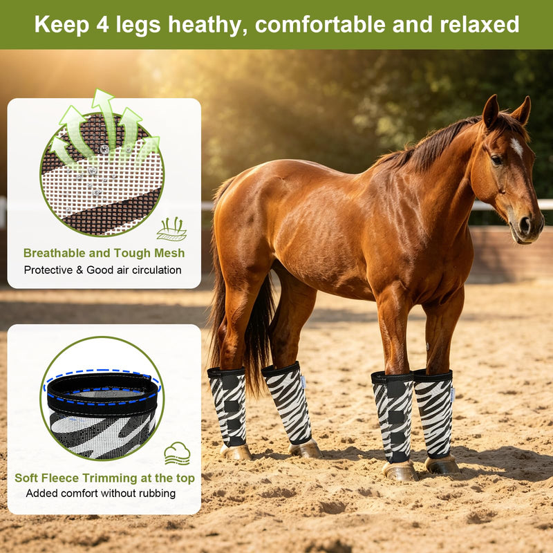 Zebra-Print Horse Fly Boots Set of 4, Soft Top Loose Fitting Leggings for Horses, Zebra Pattern Style Design, Equine Breathable Adjustable 4 Leg Wraps Socks, Reliable Leg Guards for 4 Legs Zebra set of 4