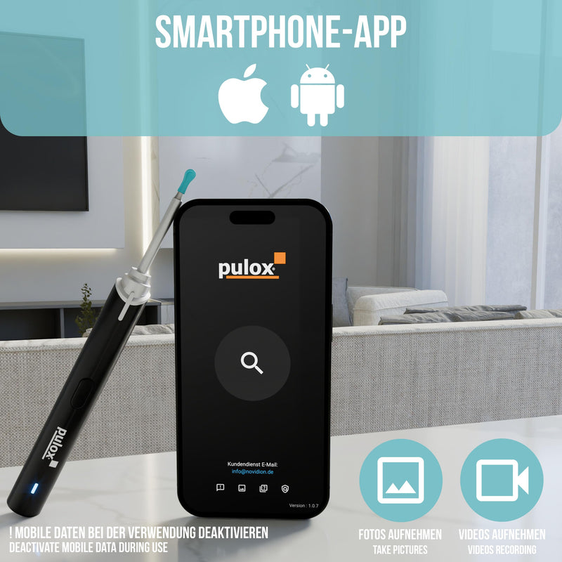 Pulox EC-95 Ear Cleaner with HD Camera, WiFi App & 6 Silicone Heads | Earwax remover with LEDs and live image transmission to your smartphone, precise and safe to use