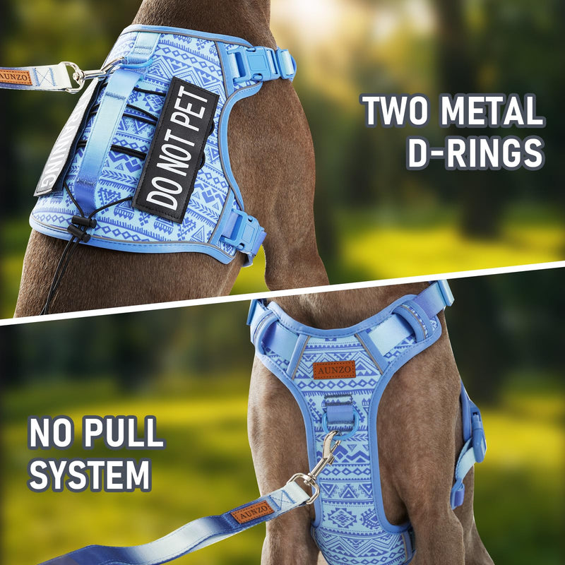 No Pull Dog Harness for Large Dogs with 2 Metal Clips, Easy On/Off with Neck Buckle, Heavy Duty Adjustable Tactical Puppy Vest, Breathable Pet Harness with Easy Control Handle, Blue L Blue Ethnic