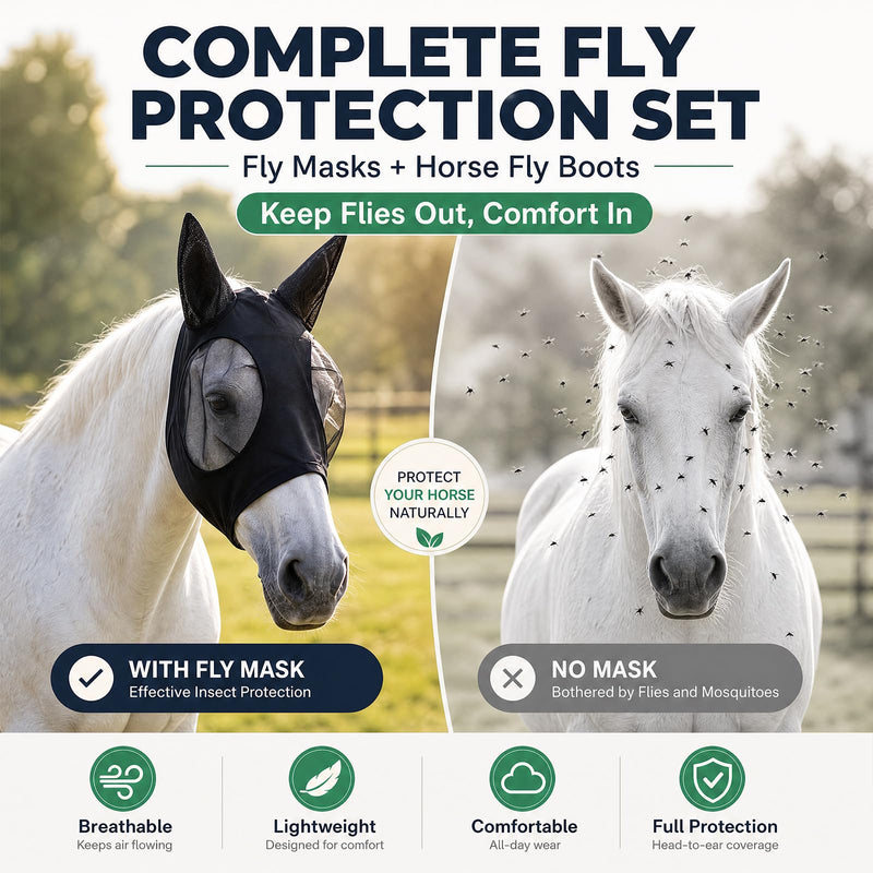 Hsei Mule Horse Fly Mask Set with Fly Boots with Ears Breathable Pony Equine Mask Horses Accessories Large for Pony Miniature Foal Draft Cob Srabian Donkey Farm Pet