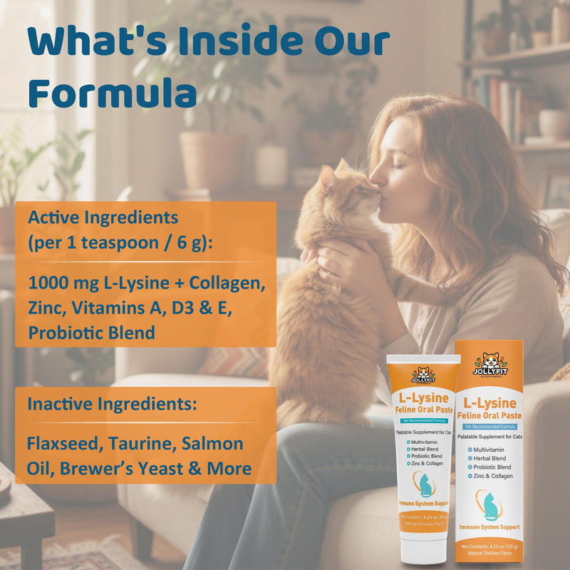L-Lysine for Cats Oral Paste – Immune & Respiratory Support for Felines – with Collagen, Zinc, Multivitamins & Probiotics – Natural Chicken Flavor, 4.23 oz (120g) (1)