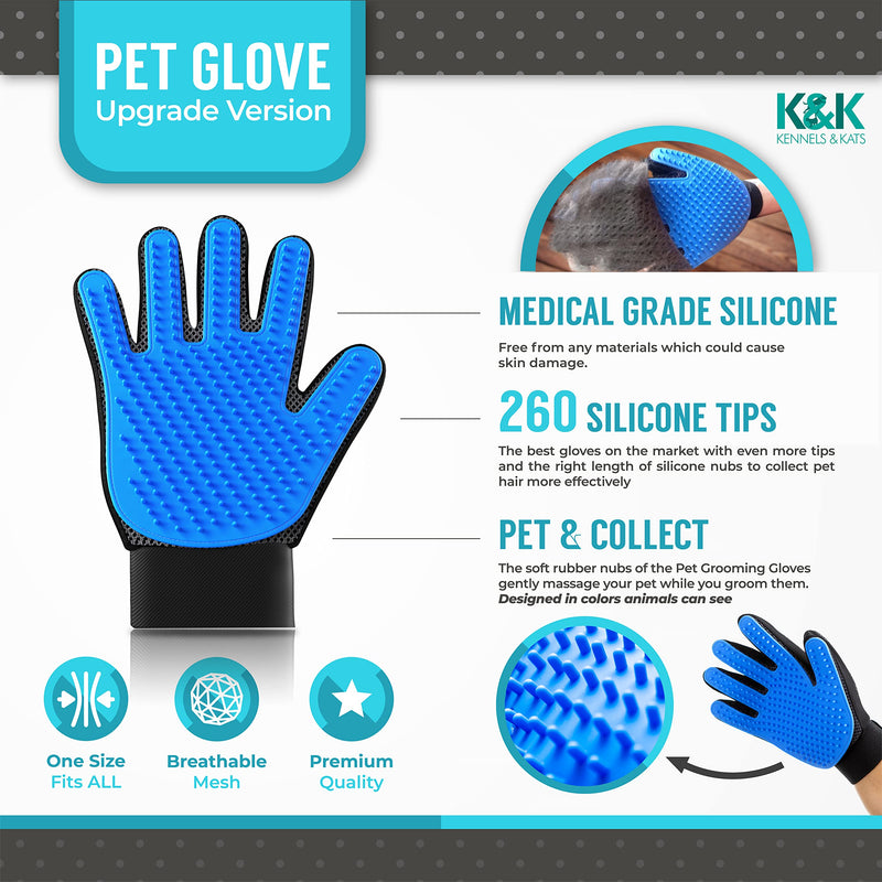 KENNELS & KATS Pet Grooming Gloves | Deshedding Glove for Easy, Mess-Free Grooming | Grooming Mitt for Dogs, Cats, Rabbits & Horses with Long/Short/Curly Hair | Pet Hair Gloves for Pet Hair Removal Pair - One Size Fits All Blue