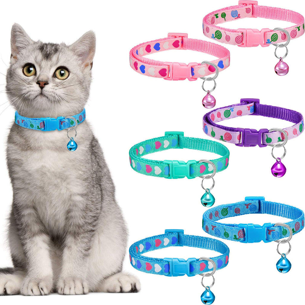 6 Pieces Cat Collar with Bell Kitten Breakaway Collar Heart Pattern Adjustable Safe Baby Kitten Collars Lollipop Spring Summer Cat Collars for Girl Boy Cats Pink, Blue, Purple, Green