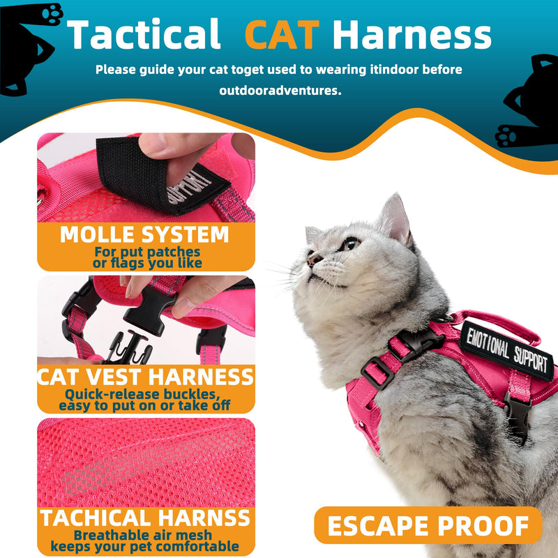 Tactical Cat Harness Pink for Walking Esacpe Proof,Adjustable Soft Mesh Large Cat Vest with Rubber Handle Easy to Control,Molle Patches L - PawsPlanet Australia