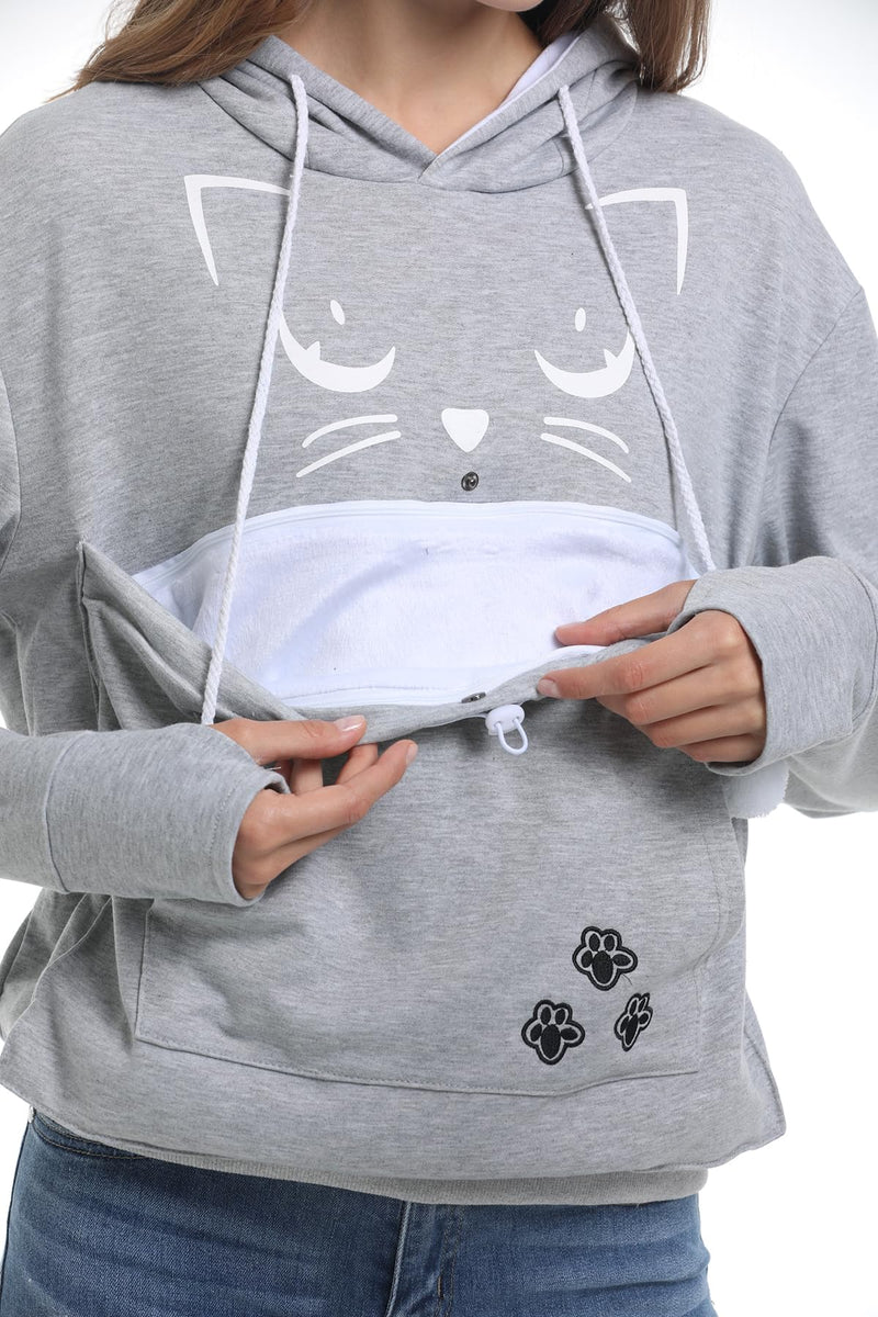 LINYUCHEN Cat Dog Pouch Hoodie Large Pet Pouch Sweatshirt Puppy Kitten Holder Carrier Pullover Top for Women Grey - PawsPlanet Australia