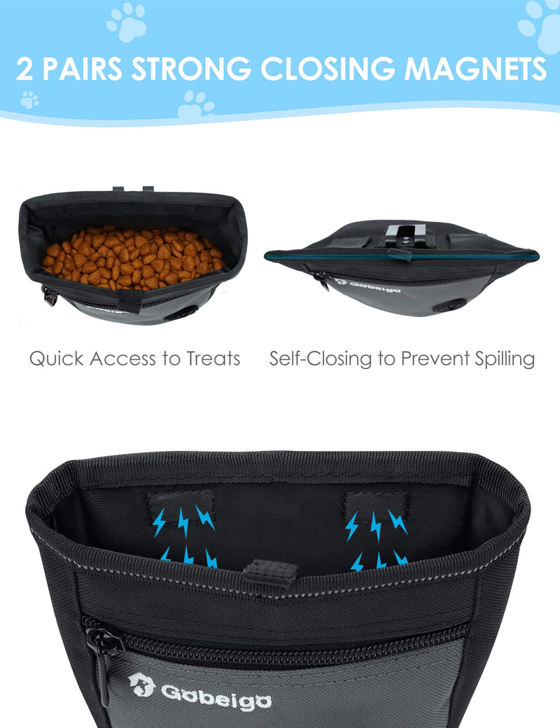 Dog Treat Pouch and Training Clicker, Upgrade Two Magnetic Closure to Prevent Spills, 2 Cup Treat Bag with Poop Bag Dispenser, Metal Clip Waist Belt Fanny Pack for Pet Walking (Black/Gray) Black/Gray - PawsPlanet Australia